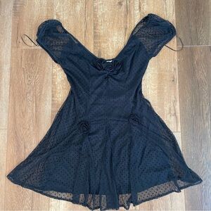 Y2K /Coquette Black Polka Dot Mini Dress Off-Shoulder Sheer Sleeves & Rosettes